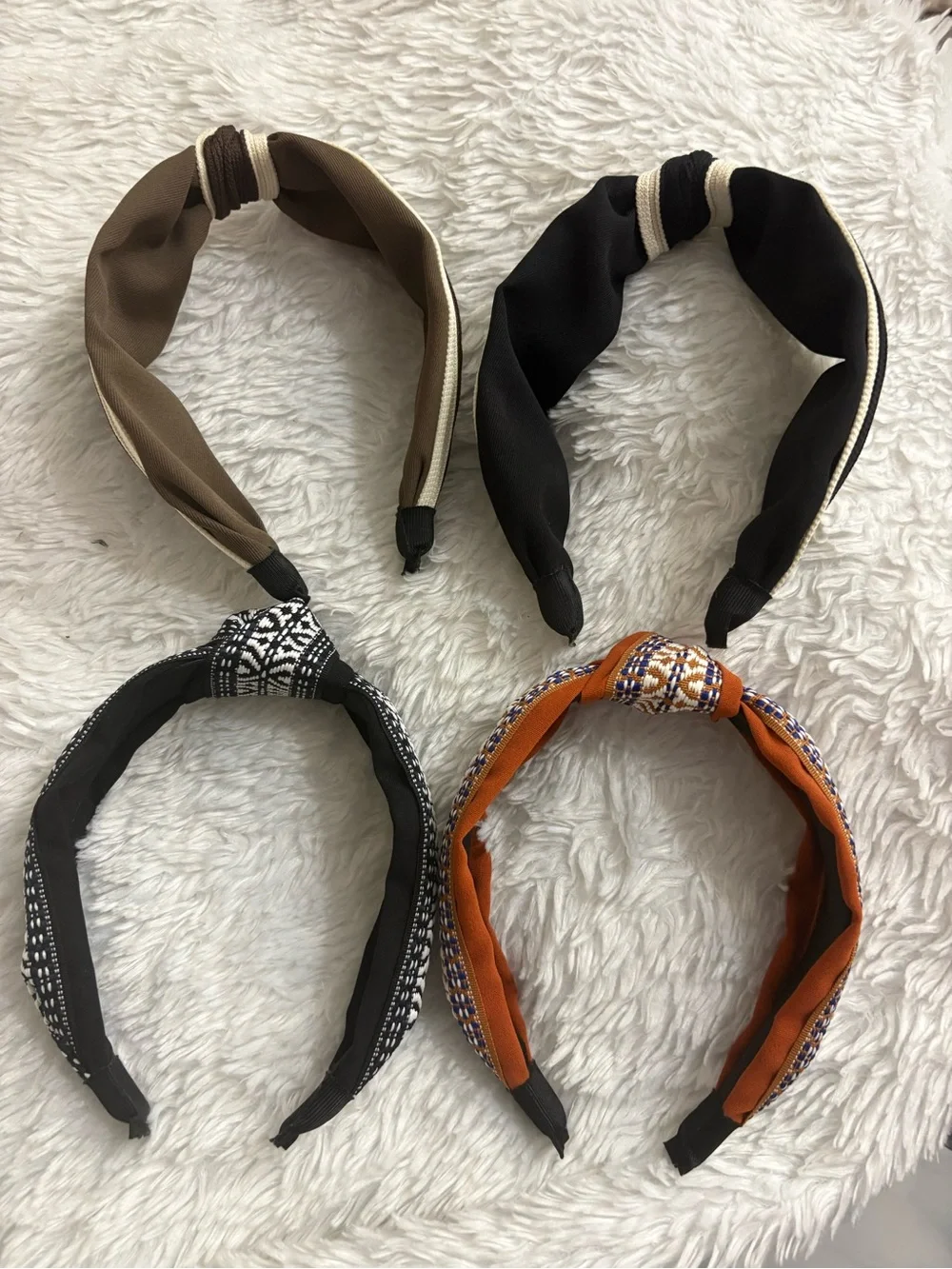 Lot (4) Woven Boho Ribbon Fashion Knotted Headband Black And White Brown Rust
